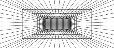 Wireframe grid room. 3d perspective background. Futuristic digital outline space. Black and white geometric design. Template illustration vector
