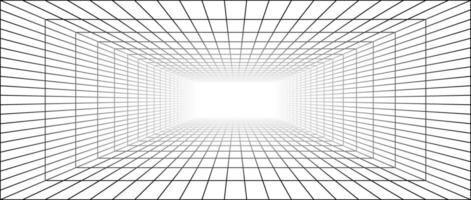 Wireframe grid room. 3d perspective background. Futuristic digital outline space. Black and white geometric design template vector