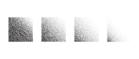 Textured fading gradients set. Black dotted square element collection. Stippled shades object pack. Noise grain dotwork shapes. Halftone effect illustrations bundle. vector