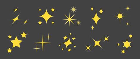 Gold sparkles and stars set. Yellow twinkles and sparks collection. Christmas and New Year decoration elements bundle. Illustration pack vector