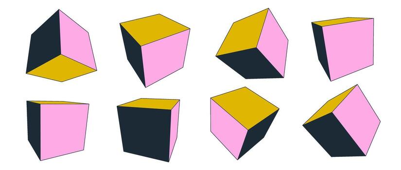 Colorful 3d cube set. Neon color geometric boxes in different perspective, angles and positions. Yellow and pink faces cubic shapes collection. Bright containers pack. vector