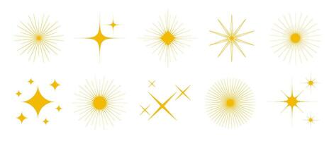 Gold sparkles and stars set. Yellow twinkles and sparks collection. Christmas and New Year decoration elements bundle vector