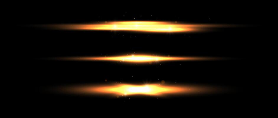 Gold neon divider lines set. Yellow glowing horizontal stripes collection. Fluorescent golden light streaks with sparks and sparkles pack. Shining beam elements for poster, banner, decoration
