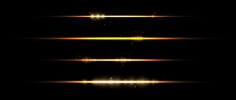 Gold neon divider lines set. Yellow glowing horizontal stripes collection. Fluorescent golden light streaks with sparks and sparkles pack. Shine beam elements for poster, banner, decoration vector