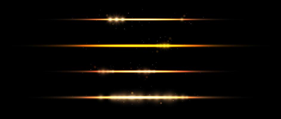Gold neon divider lines set. Yellow glowing horizontal stripes collection. Fluorescent golden light streaks with sparks and sparkles pack. Shine beam elements for poster, banner, decoration