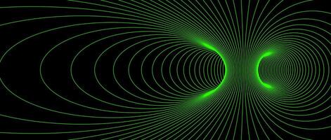 Wormhole wireframe structure. Neon geometric outline grid tunnel backdrop. 3D funnel or vortex texture. Green abstract energy lines on dark background. Illustration wallpaper. vector