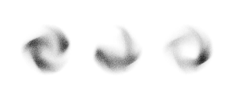 Abstract fluid stippled gradient elements. Noise grain texture stains shape set. Black and white dotted spray shades and sand dust spots. Halftone splatter forms collection. Dot work splashes