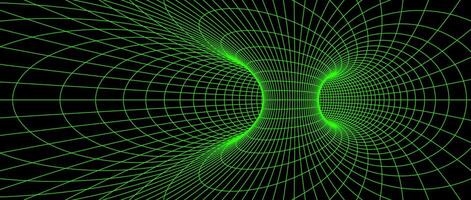 Wormhole wireframe structure. Neon geometric outline grid tunnel backdrop. 3D funnel or vortex texture. Green abstract energy lines on dark background. Illustration wallpaper vector