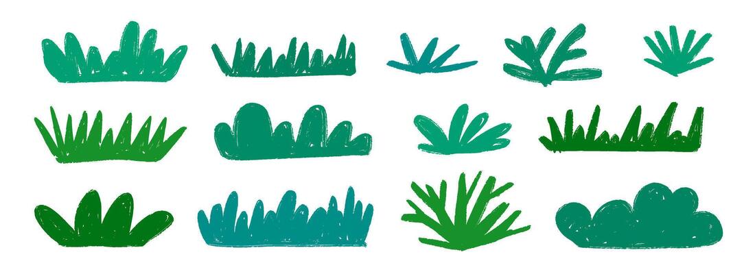 Hand drawn bushes and grass set. Green crayon shrubbery collection. Doodled shrub and tree bundle. Pencil sketched foliage elements. Scribbled cartoon green plants pack.