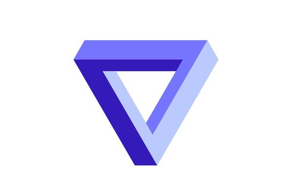 Impossible triangle shape. Optical visual illusion. Triangular Infinite loop symbol. Abstract unreal geometric form. Purple blue puzzle design element for logo, icon, label, tag.