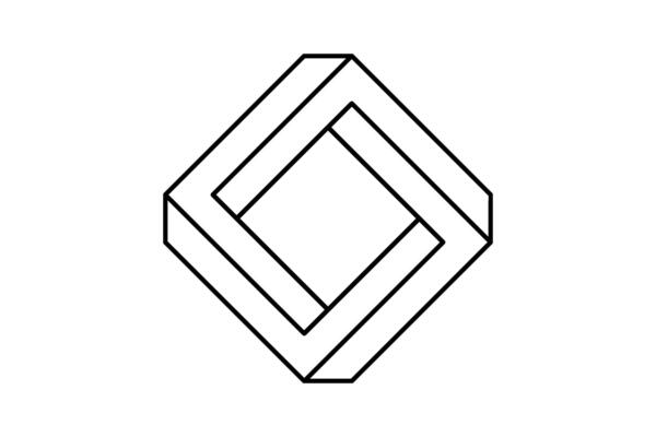 Impossible square shape. Optical visual illusion. Rectangular Infinite loop symbol. Abstract unreal geometric form. Linear puzzle design element for logo, icon, label, tag.