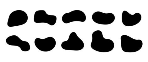 Abstract organic shapes collection. Irregular liquid forms set. Black amoeba blobs, blotches, drops and stains bundle. Different design elements for label, sticker, banner, speech bubble. vector