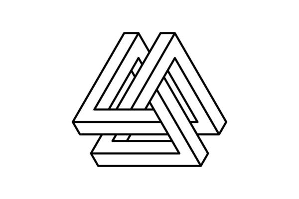 Impossible triangle shape. Optical visual illusion. Triangular Infinite loop symbol. Abstract unreal geometric form. Linear puzzle design element for logo, icon, label, tag, decor.
