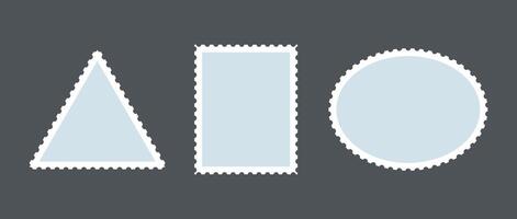 Light blue postage stamp set. Post stamp frames or borders. Round, rectangular, triangle template for mail, postcard, letter. Vintage jagged wavy edge form or object for banner, badge, sticker. vector