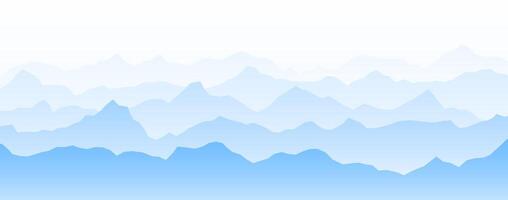 Mountain range silhouettes on sunset or sunrise. Morning panoramic landscape view. Mountain ridges and hills background. Blue mount peaks with mist, fog or haze. Scenery terrain illustration vector