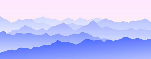 Mountain range silhouette on sunset or sunrise. Morning panoramic landscape view. Mountain ridges and hills background. Blue and pink mount peaks with mist and fog. vector