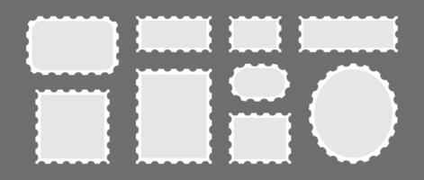 Postage stamp set. Post stamp frame or border. Grey round, square, rectangular template for mail, postcard, letter. Jagged wavy edge forms. Vintage objects for poster, banner, badge, sticker. vector