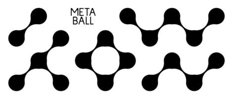 Black meta balls set. Diagonal connected morph dots. Liquid blobs pattern collection. Thin integration abstract concept. Morphing design element bundle for logo, icon, tag, emblem, poster. vector