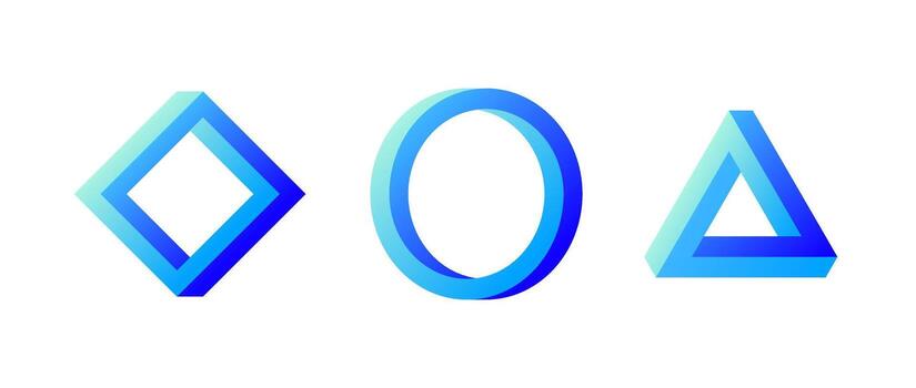 Impossible shape set. Optical illusion circle, square, triangle. Blue gradient mobius strip collection. Abstract unreal geometric forms. Puzzle design elements for logo, icon, label, tag. vector