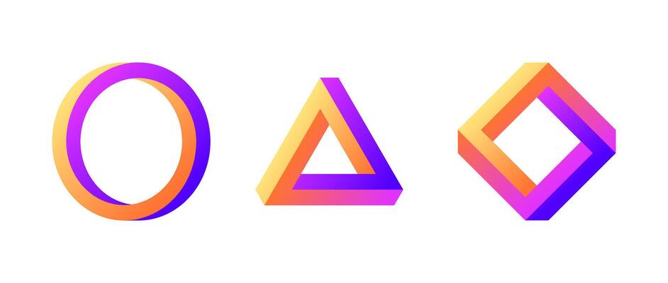 Impossible shape set. Colorful optical illusion circle, square, triangle. Gradient mobius strip collection. Abstract unreal geometric forms. Puzzle design elements for logo, icon, label, tag.