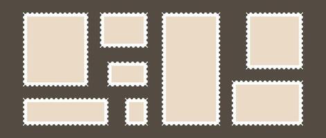 Postage stamp set. Post stamp frames and borders. Beige square and rectangular template for mail, postcard, letter. Jagged wavy edge forms. Vintage objects for poster, banner, badge, sticker. vector