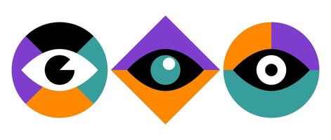 Eyes sign set. Vision symbol collection. Hypnosis eyeball concept pack. Watching or observing elements for poster, banner, brochure, leaflet, booklet, presentation. Colorful illustration bundle vector