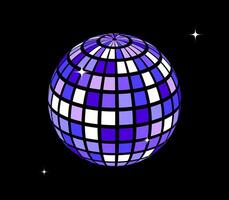 Purple disco ball with sparkles. Shining mirror spheres with stars. Night club mirrorball element for poster, banner, music cover, party. Blue retro wireframe globe or planet. vector