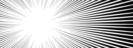 Comic speed line background. Cartoon book explosion effect. Black radial linear pattern frame. Pop art flash beams or rays. Manga or anime sun burst wallpaper. Superhero impact backdrop vector