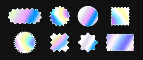 Set of holographic stickers. Iridescent hologram labels collection. Shiny rainbow foil elements bundle for emblem, tag, label, badge, template, collage, poster, banner. Silver illustration pack vector