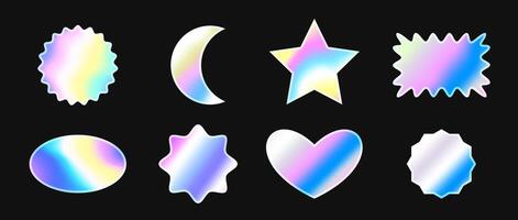 Holographic stickers set. Different iridescent hologram labels collection. Shiny rainbow foil element bundle for emblem, tag, label, badge, template, collage, poster, banner. Illustration pack vector