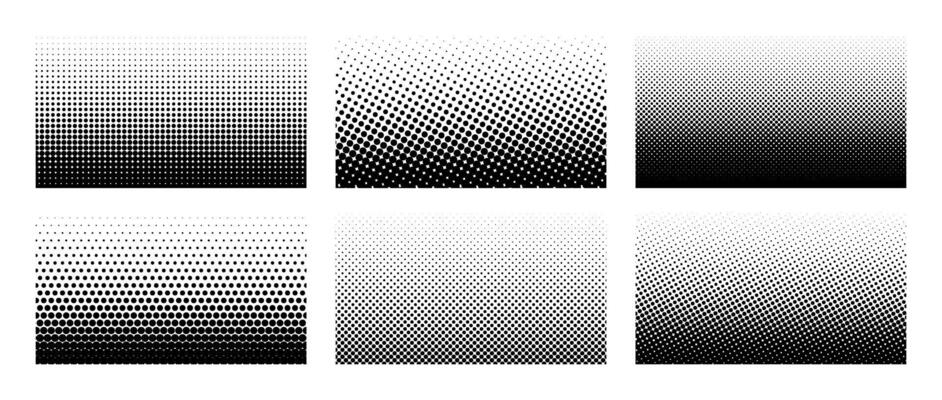 Set of horizontal halftone gradient backgrounds. Cartoon dots texture wallpaper collection. Black and white comic design cover pack for banner, poster, print. Pop art illustration bundle