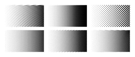 Set of different halftone gradient backgrounds. Cartoon dots texture wallpaper collection. Black and white comic design cover pack for banner, poster, print. Pop art dotted illustration bundle vector