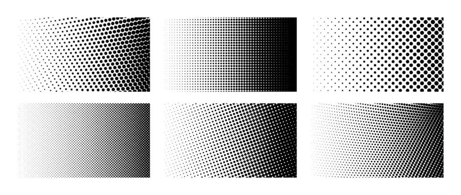 Set of different halftone gradient backgrounds. Cartoon dots texture wallpaper collection. Black and white comic design cover pack for banner, poster, print. Pop art dotted illustration bundle