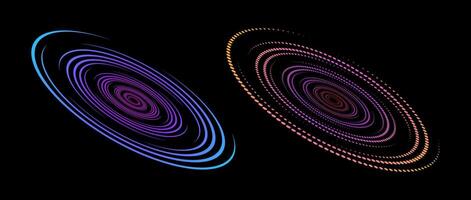 Linear and halftone speed spiral set. Colorful dynamic dots and lines in perspective. Radial swirl element for logo, print, poster, template, icon, banner. Round technology illustration. vector