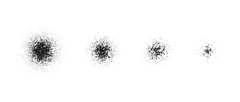 Stippled radial brush stroke set. Grain gradient collection. Grunge sprinkle spray texture. Dirty dust or sand noise round elements. Splattered dotted overlay. Grungy splashed stains spots pack vector