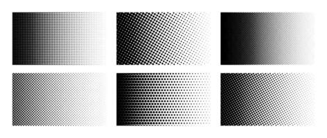 Set of horizontal halftone gradient backgrounds. Cartoon dots texture wallpaper. Black and white comic design cover pack for banner, poster, print. Pop art illustration bundle vector