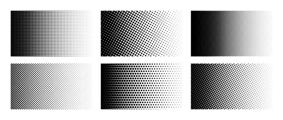 Set of horizontal halftone gradient backgrounds. Cartoon dots texture wallpaper. Black and white comic design cover pack for banner, poster, print. Pop art illustration bundle