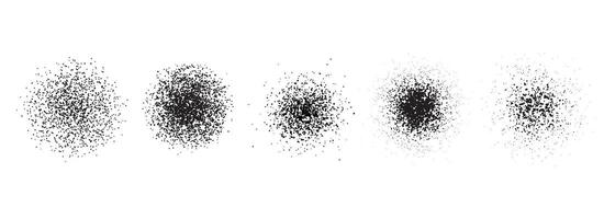 Stippled radial brush strokes. Grain dotted gradient collection. Grunge sprinkle spray texture. Dirty dust sand noise round elements. Splattered dotted overlay set. Grungy splashed stains spots vector