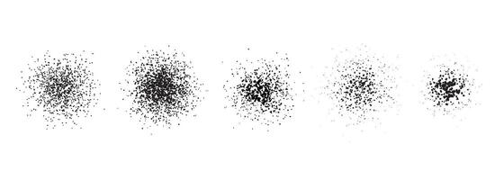 Stippled radial brush strokes. Grain dotted gradient collection. Grunge sprinkle spray texture. Dirty dust sand noise round elements. Splattered dotted overlay set. Black splashed stains spots vector