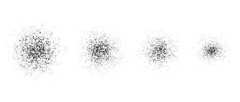 Stippled radial brush stroke set. Grain gradient collection. Grunge sprinkle spray texture. Dirty dust or sand noise round elements. Splattered dots overlay. Grungy splashed stains spots pack vector