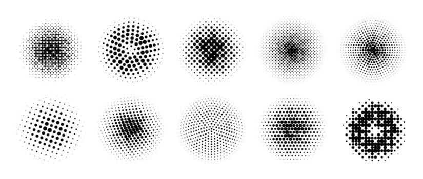 Halftone gradient circles collection. Black dot textured round patterns. Comic radial faded background set. Abstract pixelated elements for frame, poster, collage, banner, flyer. Cartoon bundle vector