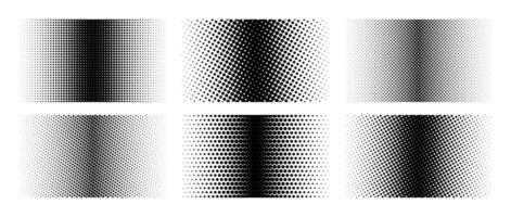 Different halftone gradient backgrounds set. Cartoon dots texture wallpaper collection. Black white comic design cover pack for banner, poster, print. Pop art dotted illustration bundle vector