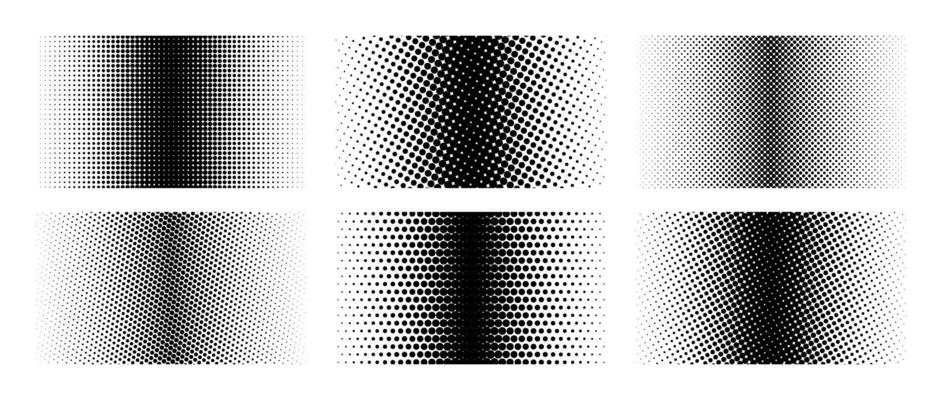 Different halftone gradient backgrounds set. Cartoon dots texture wallpaper collection. Black white comic design cover pack for banner, poster, print. Pop art dotted illustration bundle