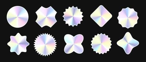 Set of holographic stickers. Hologram labels collection. Shiny silver foil elements bundle for emblems, tags, labels, badges, templates, collages, posters, banners. Illustration pack vector