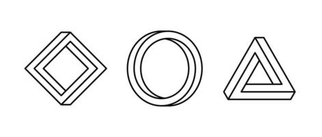 Impossible shape set. Line optical illusion circle, square, triangle. Outline mobius strip collection. Abstract unreal geometric forms. Linear puzzle design elements for logo, icon, label, tag. vector