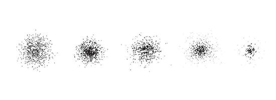 Stippled radial brush strokes. Grain dotted gradient collection. Grunge sprinkle spray texture. Dirty dust sand noise round element set. Splattered dotted overlays. Black splashed stains spots vector