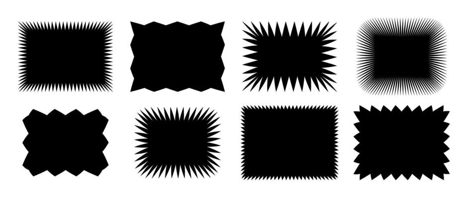 Zig zag edge rectangle shape collection. Jagged square elements set. Black graphic design element pack for decoration, banner, poster, template, sticker, badge, label, tag, flyer.