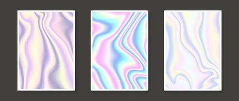 Set of holographic backgrounds. Rainbow fluid gradient wallpaper collection for card, brochure, flyer, poster, banner, booklet. Foil iridescent liquid backdrop bundles. Pastel templates pack vector