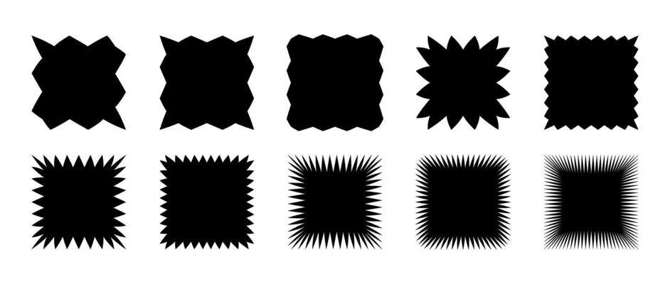Zig zag edge squared shape collection. Jagged square elements set. Black graphic design element pack for decoration, banner, poster, template, sticker, badge, label, tag, flyer.