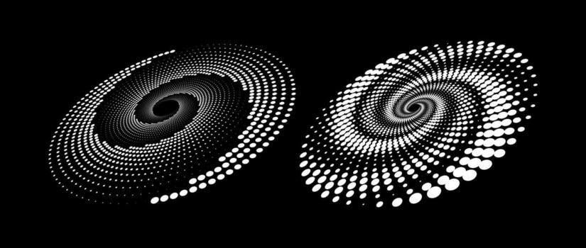 Halftone speed spiral set. White dynamic dotted lines in perspective. Radial dot swirl elements for logo, print, poster, template, icon, banner. Round technology illustration. vector